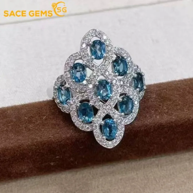 

SACE GEMS 925 Sterling Silver 3*4mm Natual London Blue Topaz Luxury Rings for Women Created Wedding Engagement Fine Jewelry