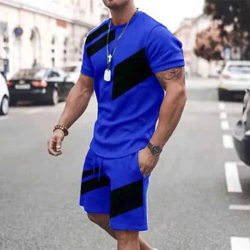 T-shirt pour homme adapté aux vêtements de sport, shorts, col rond, couleurs contrastées printemps-été, ensemble de 2 pièces de mode sportive