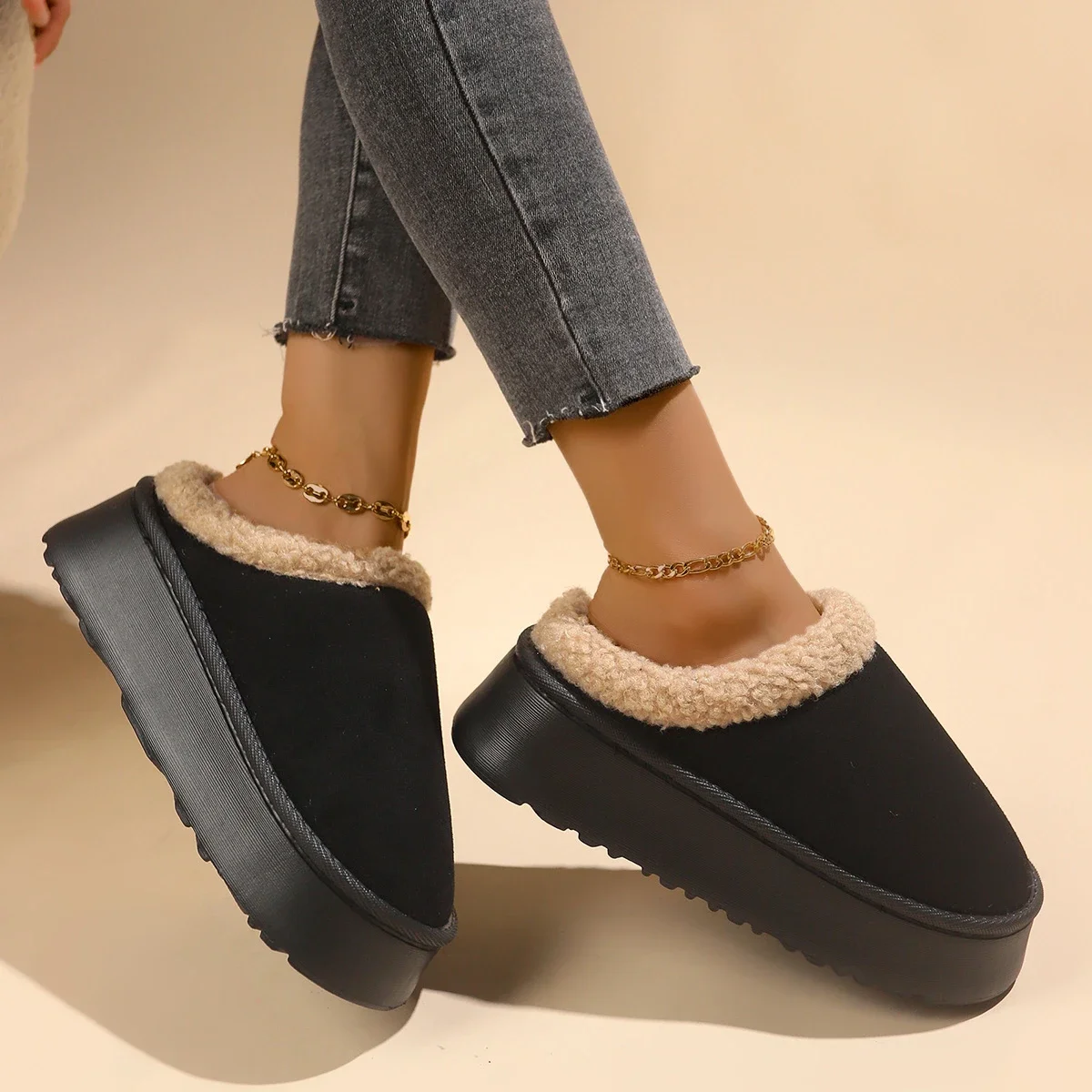 Suede Winter Slippers Women Casual Shoes Fur Slingback Short Boots Shalloe Platform Cotton Snow Shoes Warm Brand Mujer Zapatos