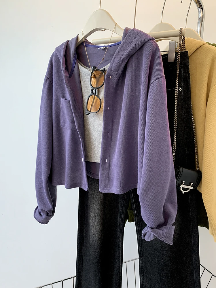 Cárdigan con capucha para mujer, ropa de calle coreana, Tops cortos de un solo pecho, abrigo de manga larga de Color sólido, otoño e invierno, nuevo