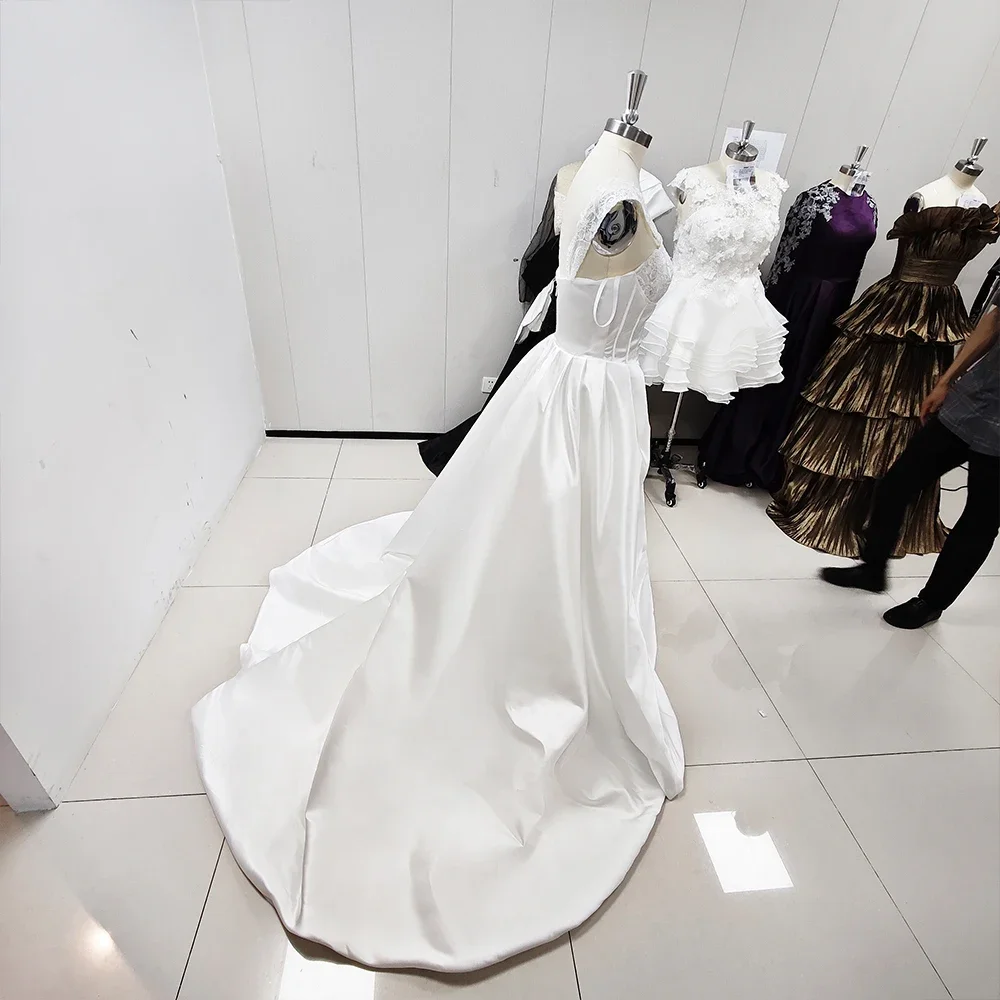 Elegante vestido de novia blanco de encaje capilla tren lateral dividido hasta el suelo sin mangas vestido de novia de princesa vestidos exquisitos formales