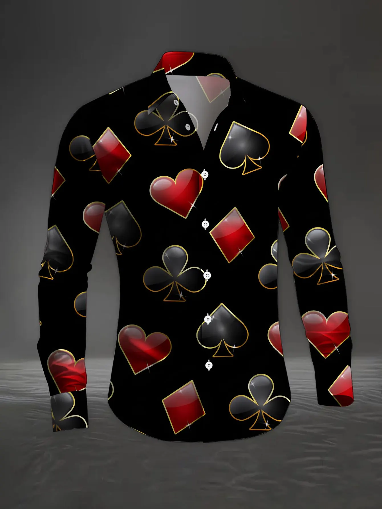 Nightclub Style Men Lapel Collar Shirt Black Base Heart Spade Club Diamond Print Polyester Long-Sleeve Blouse