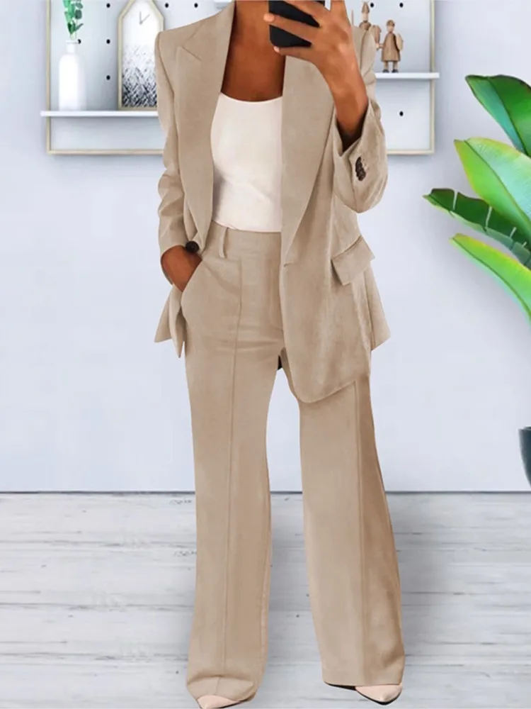 

Lady Fashion Office Suit Set Casual Long Sleeve Notched Button Tops+High Waist Wide Leg Pants 2 Piece Sets Women Spring Clothes