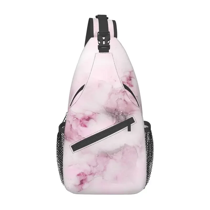 Elegante rosa sombra mármore sling bag, mochila peito crossbody masculino, mochila ombro, casual, viajando