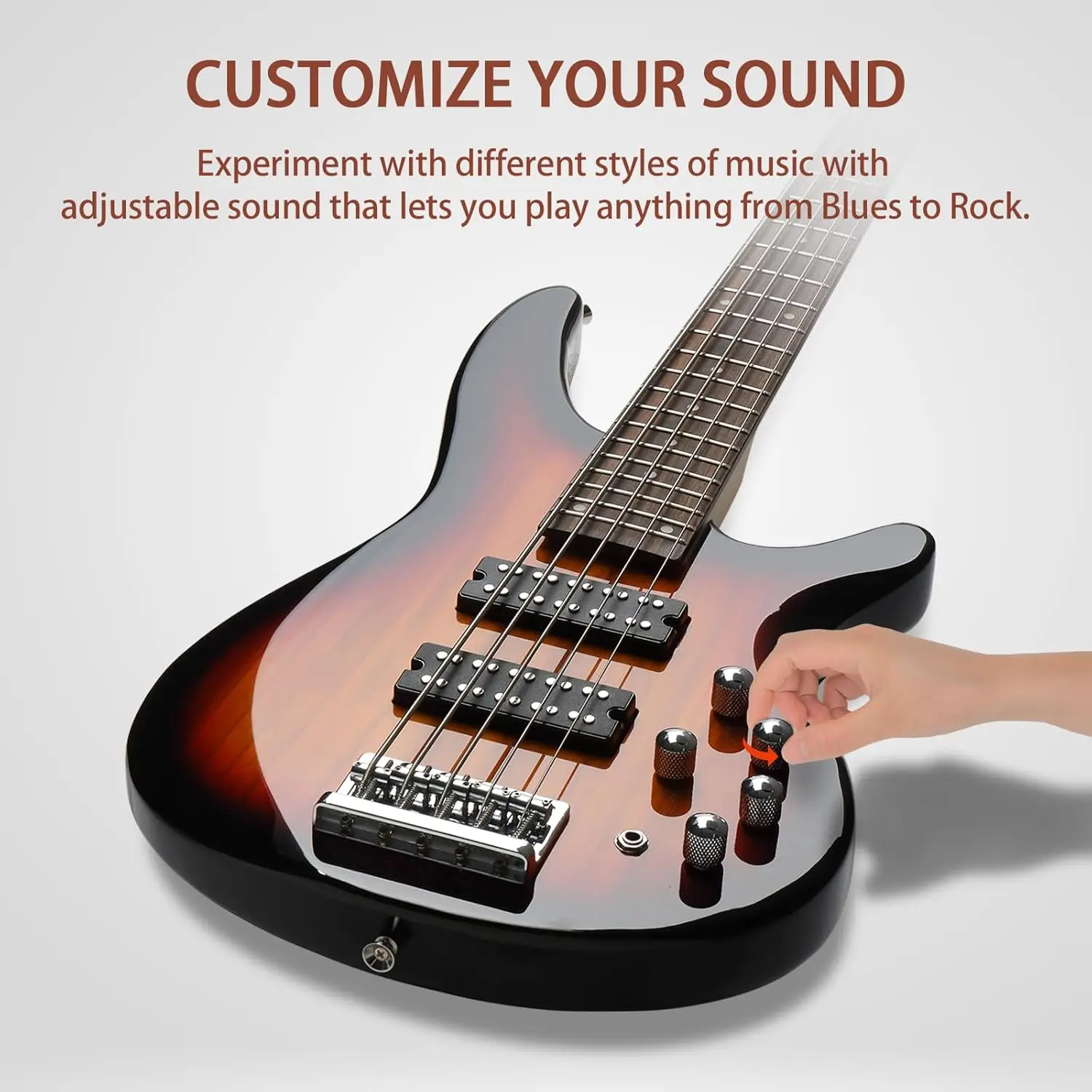 5-String Electric Bass Guitar, Full Size Standard Right-Handed, Rosewood Fretboard Bass Kit with Gig Bag, Strap, Cable, and Wrench Tool (Upgraded Sunset) view 5
