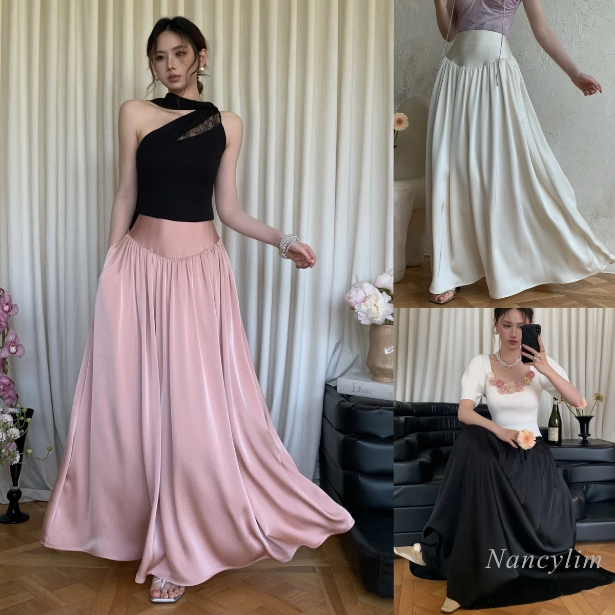 

Elegant Glossy Satin Skirt Women's High Waist Slimming Large Hem Umbrella-Shaped Long Romantic Holiday Skirt Pink Skirt Autumn