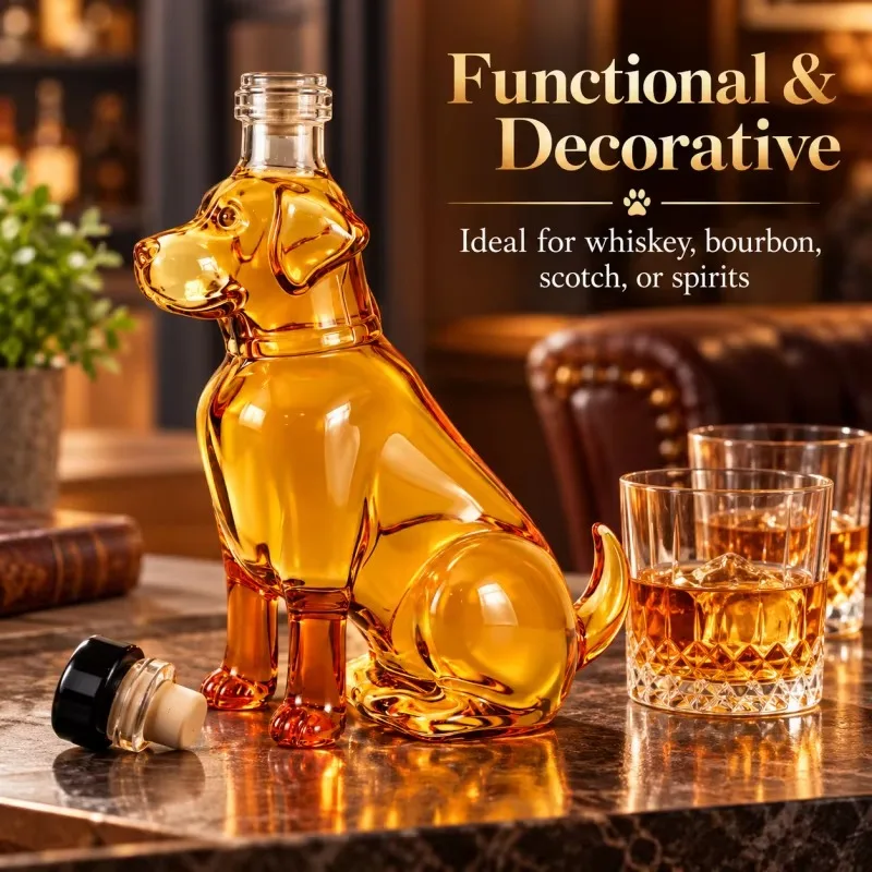 Novelty Sitting Dog Figurine Glass Wine Decanter, Unique Animal Shaped Liquor Container, Whiskey Bottle for Home Bar Decor