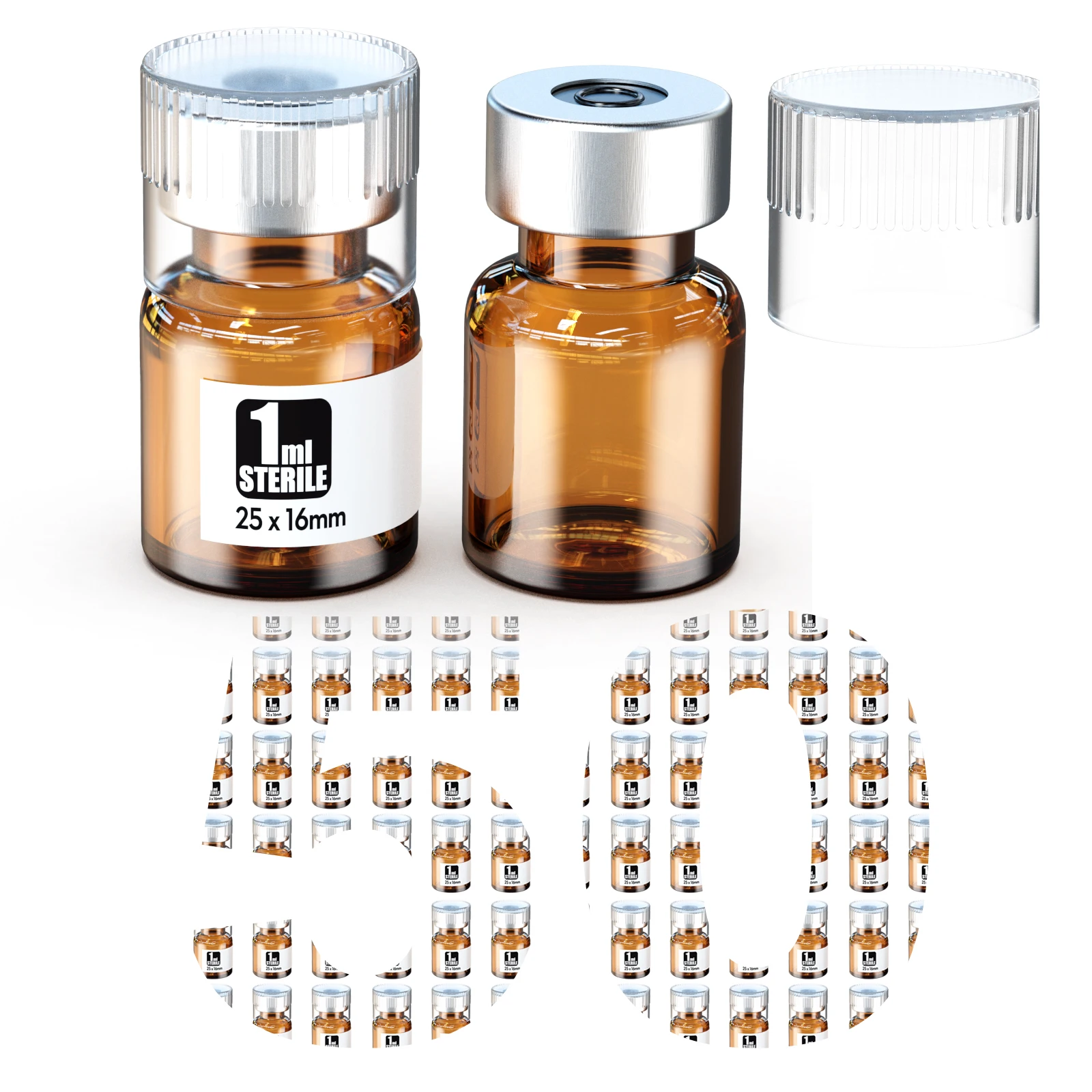 Amber Sterile Empty Vials With Reuse Cap and Butyl Rubber Plug Ready-to-Use Buckle Vials ,Individually Packaged,50pcs/100pcs