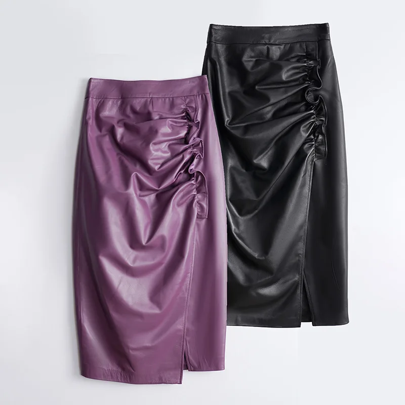 2023  New Arrival Folds Design Women  High Waist Elegant  Genuine Sheepskin Leather Skirt