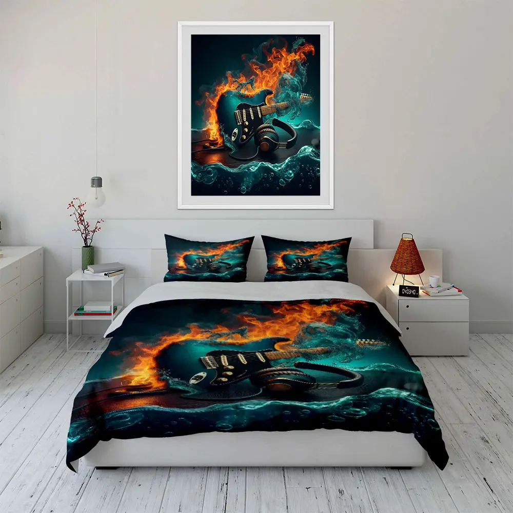 Cool electric guitar with fire and water Print Soft Comfortable Duvet Cover Bedding Set Included 1*Duvet Cover  2*Pillowcases
