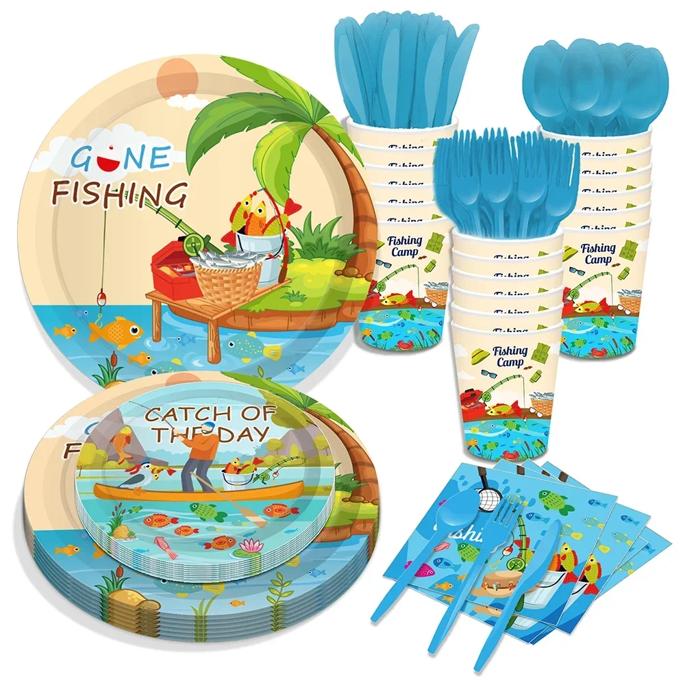 Blue Outdoor Fishing Camp Birthday Party Paper Disposable Tableware Sets Plate Napkins Tablecloths Baby Shower Party Decorations