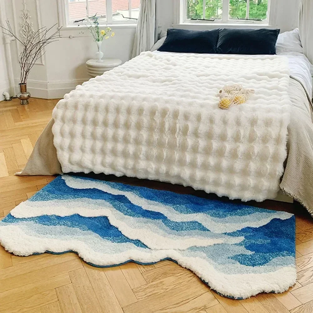 Shaped Tufting Special Ocean Bedroom Rug Thickened Absorbent Soft Fluffy Non Slip Mat Ins Style Wave Pattern Bedroom Foot Mats