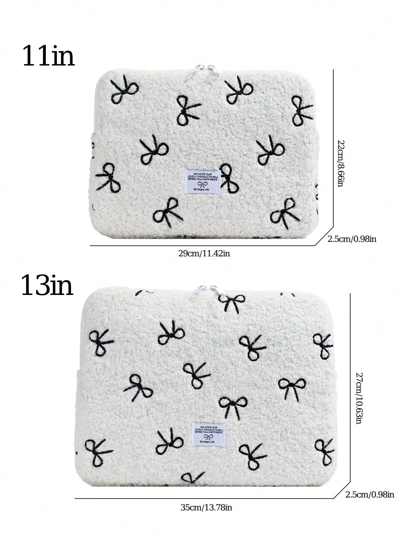 Fashionable Bow Print Student Computer Bag Soft Plush Notebook Protective Case Compatible with IPad Air4/5 Pro11 Mini 5/6 IPad