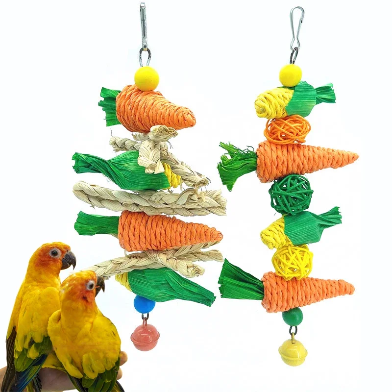 Parrot Chew Grind Teeth Bird Toy Hamster Rabbit Toy Birds Swing Cage Hanging Accessory Handwoven Carrot Corn Vine Ball Toy