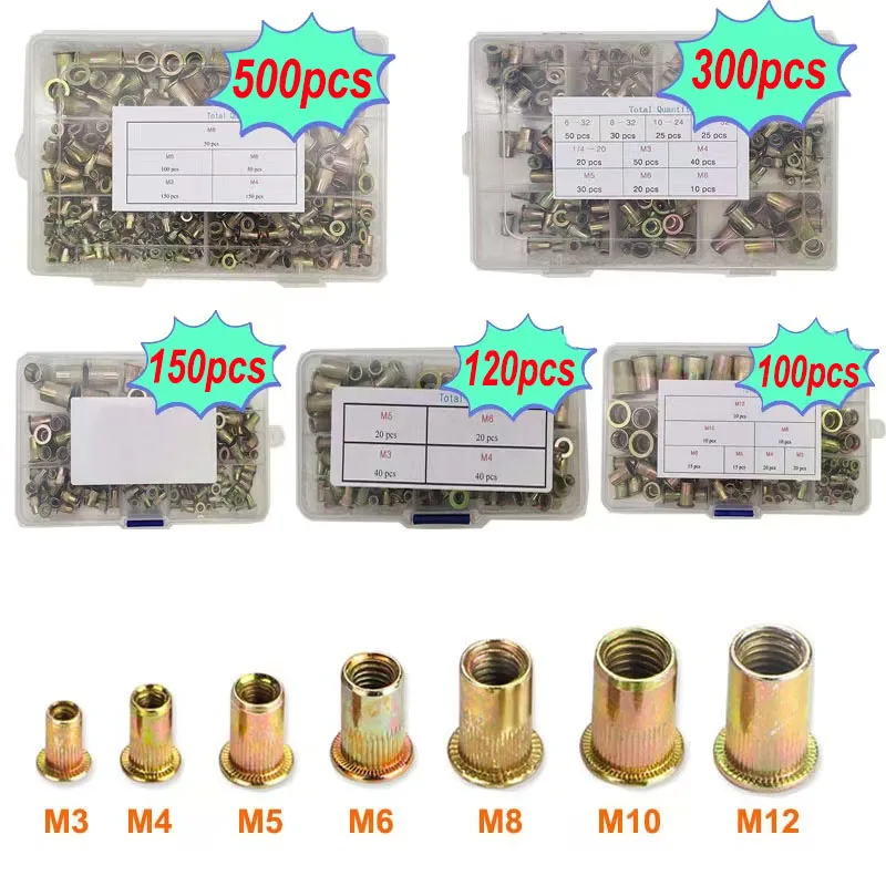 

Metric & SAE Rivet Nut Kit M3 M4 M5 M6 M8 M10 M12 Carbon Steel Zinc Plated Finish Flat Head Threaded Insert Nut Rivet Nut Set