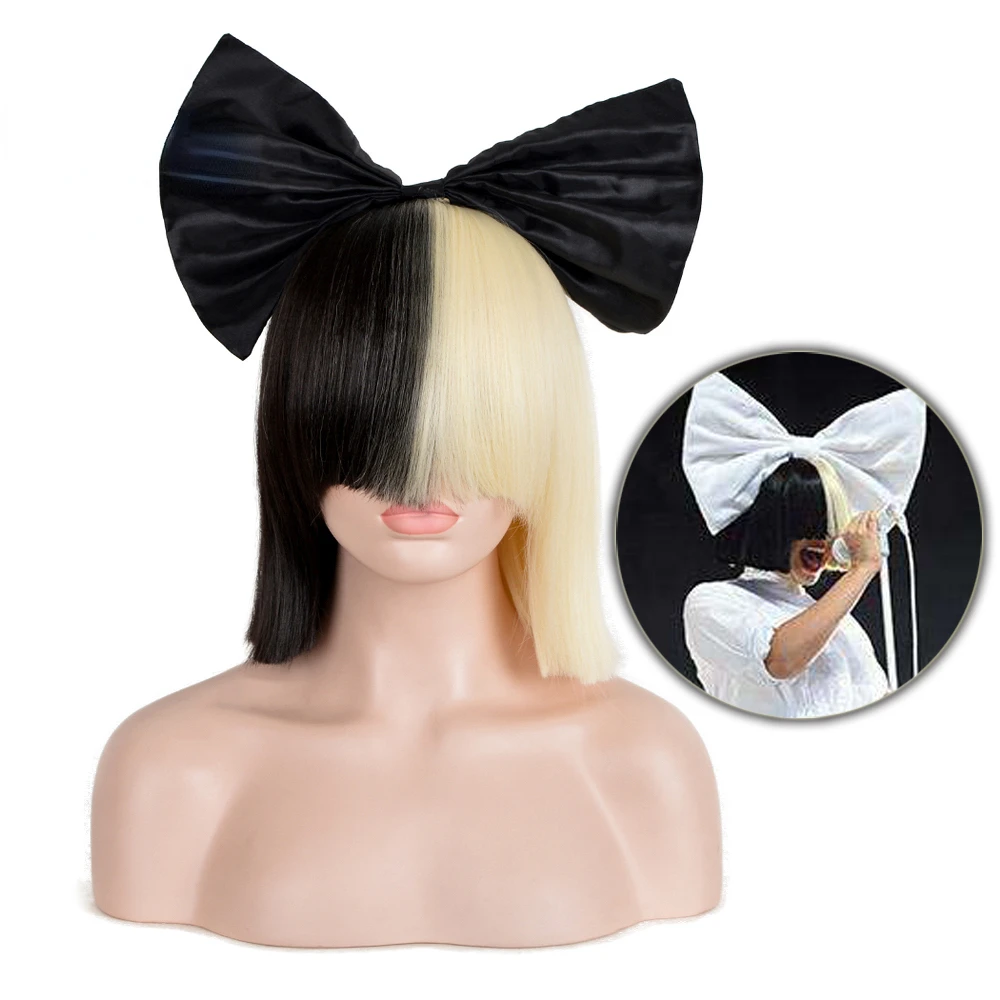 Sia Wig Anime Synthetic Hair Half Black and Blonde Ombre Short Straight Hair Flat Bangs Cosplay Full Set Wigs For Women New