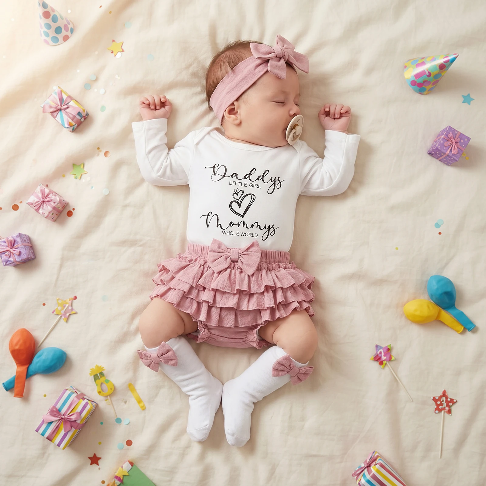 conjunto-de-4-pecas-para-bebe-menina-0-18m--roupa-de-outono-com-macacao-de-manga-comprida-gola-redonda-estampado-de-letras-e-coracoes-shorts-com-babados-faixa-de-cabelo-e-meias