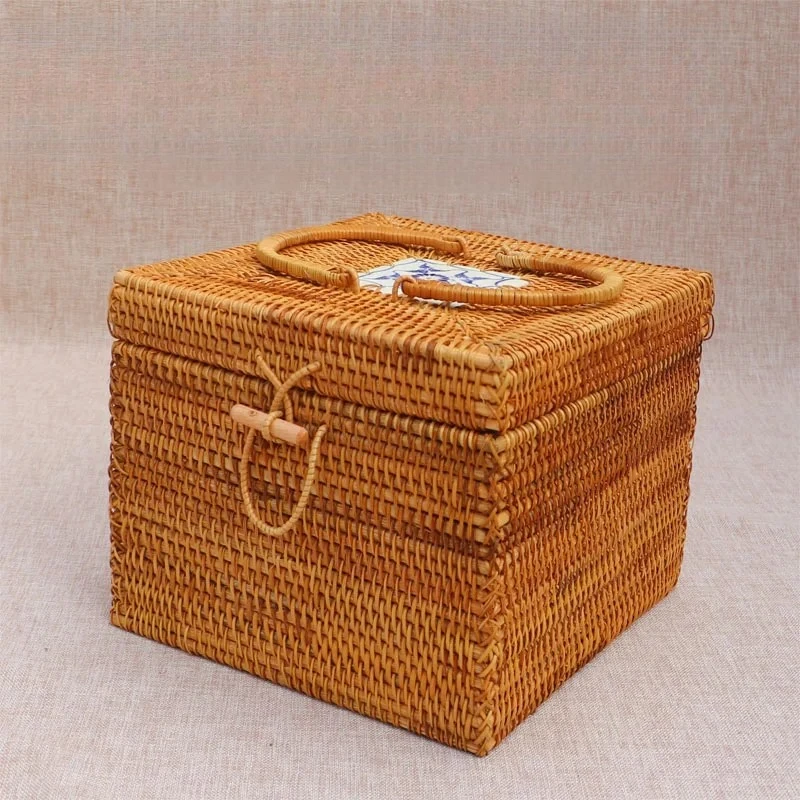 Autumn Rattan Handheld Pu'er Tea Storage Box Organizer Loose Tea Brick Holder Cake Box for Travel And Tea Ceremony Accessories