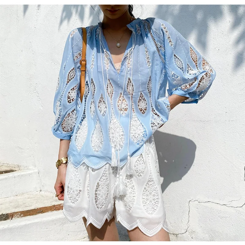 JHJN Frans chic damesoverhemd Vintage borduurblouse Boho blauw geel Lange mouw Kanten holle blouses Casual los overshirt