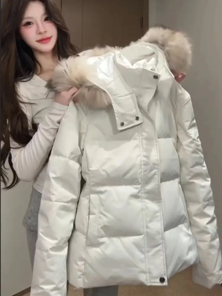 Korean Style Women's Thickened Short Cotton Jacket with Large Fur Collar Winter Warm Outerwear Breathable Windproof Casual