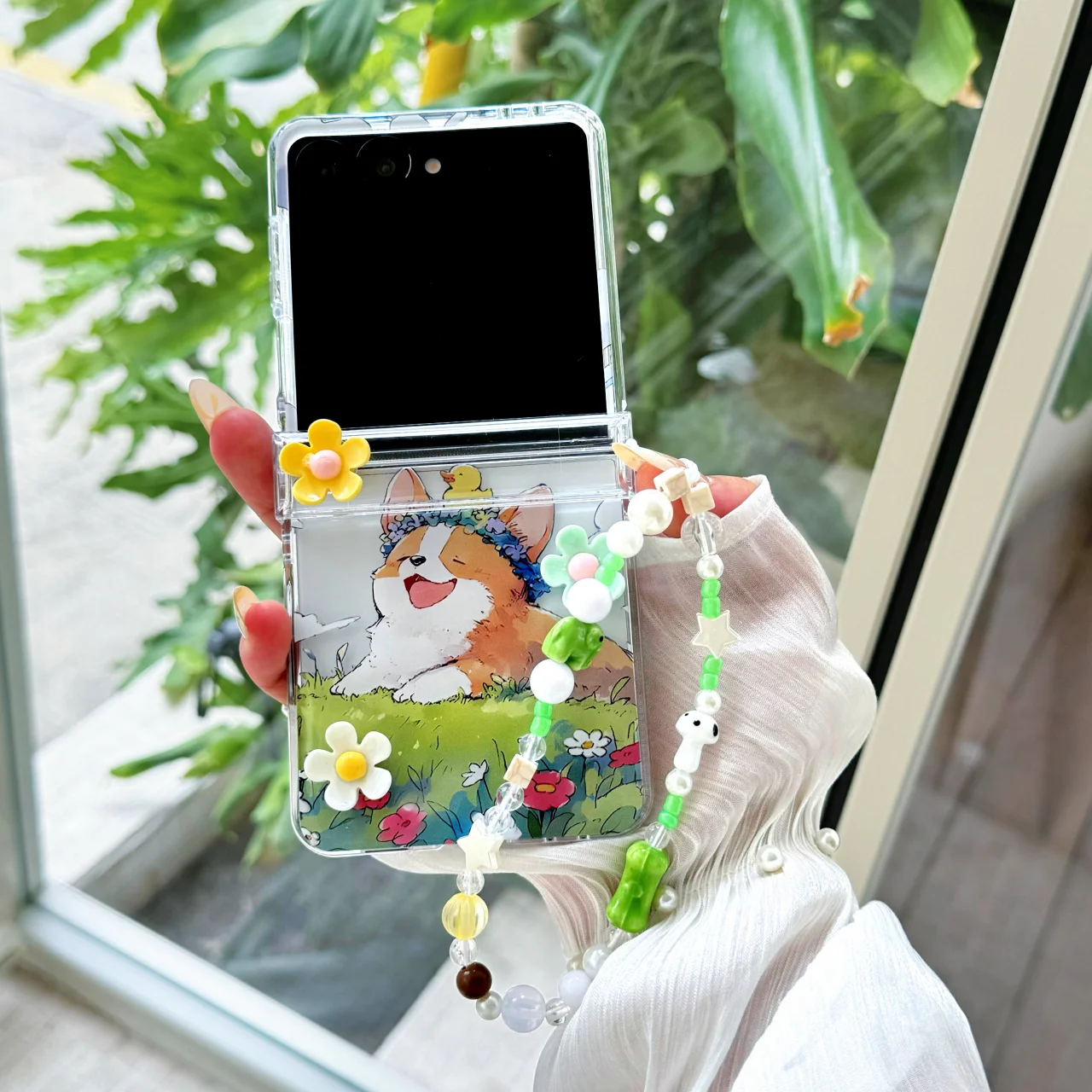 

Transparent Cute Cartoon Dog Puppy 360 Rotation Flowers With Lanyard Phone Case For Samsung Z Flip 5 4 3 6 7 FE Protective Cover