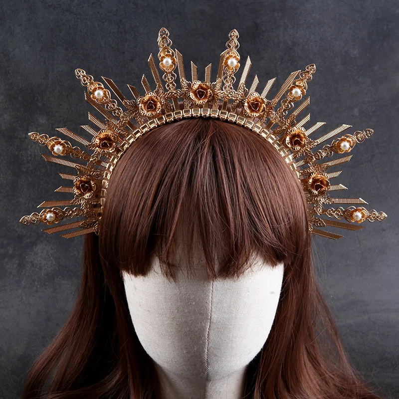 Women Goddess Headband Sun Burst Spiked Halo Crown Headpiece with Flowers，Halloween Priestess Wiccan Costume Headwear