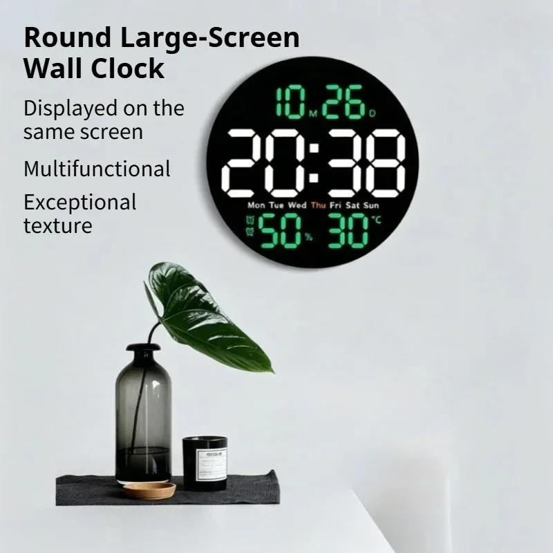 Wall Clock LED Electronic Alarm Clock Adjustable Brightness Thermometer Hygrometer Week Display Home Desk Wall Clock