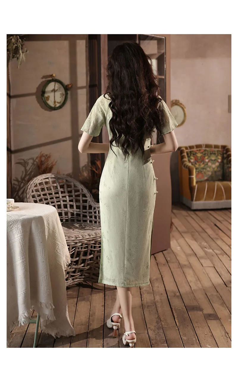 Light Green Cheongsam Vintage Loose Sleeve Chinese Traditional Dress Slim Female Women Long Qipao S To 2XL