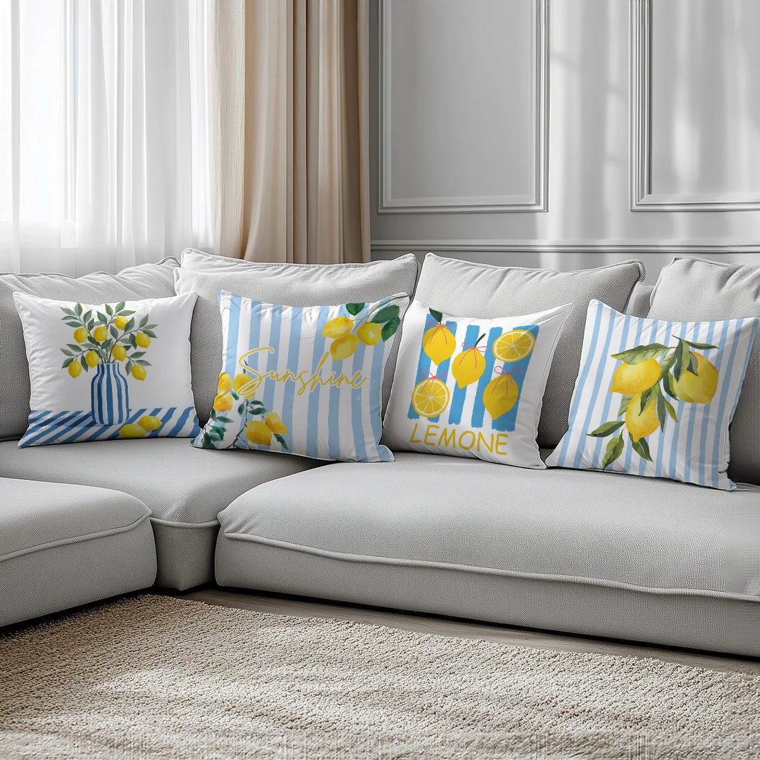 4Pcs, Summer Watercolor Lemon Print Pillow Covers, Single-Sided, Zipper Closure, Washable Polyester - Perfect for Sofa, Living Room, Bedroom Decor, Decorative Pillows.