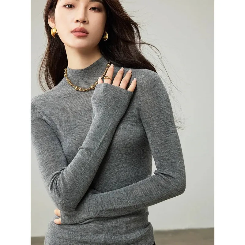 

Women Seamless 100% Wool Sweater Autumn Winter Slim Fit Soft Warm Long Sleeve Knitted Bottoming Tops