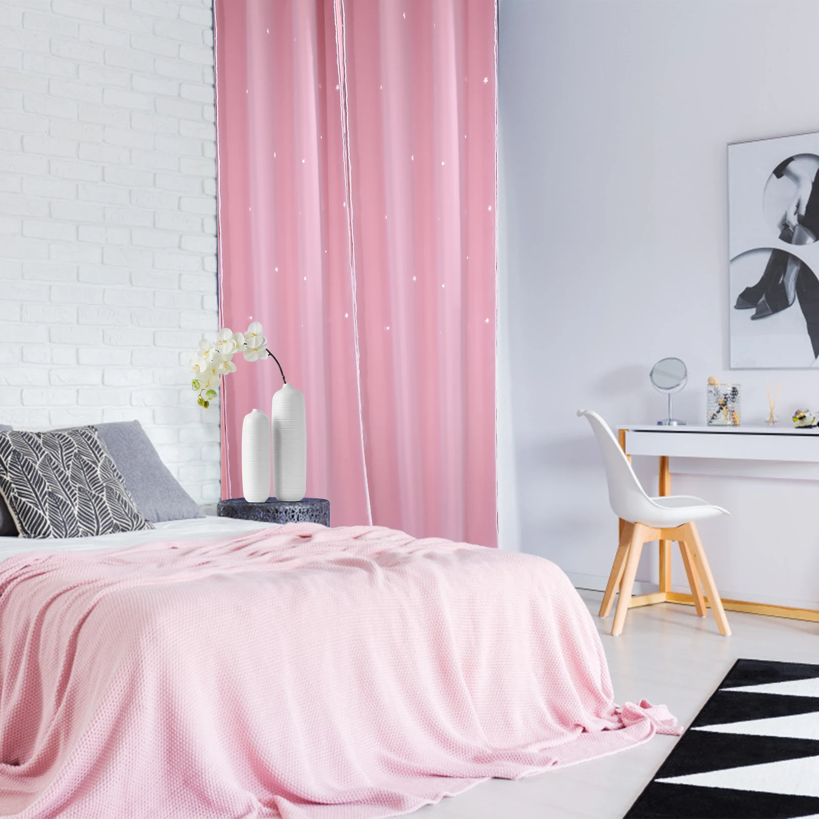 

1 Pair Out Blackout Curtains Tulle Overlay For Bedroom Nursery Kids Room Pink Hollow Design Light Filtering Decorative