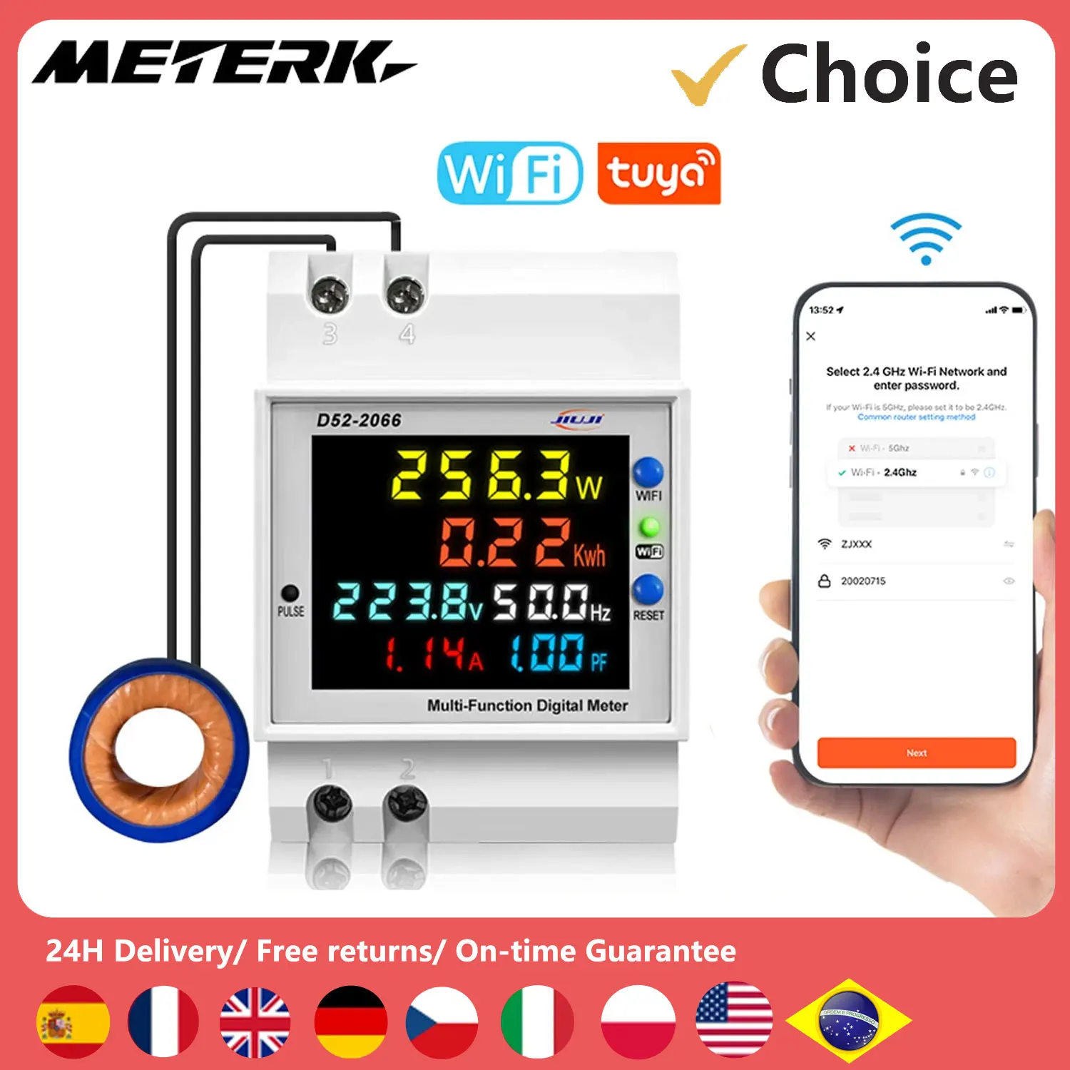 Tuya WiFi Intelligent Digital Display Electricity Meter DIN-Rail Voltage Current Meter Power Factor Frequency Metering Meter