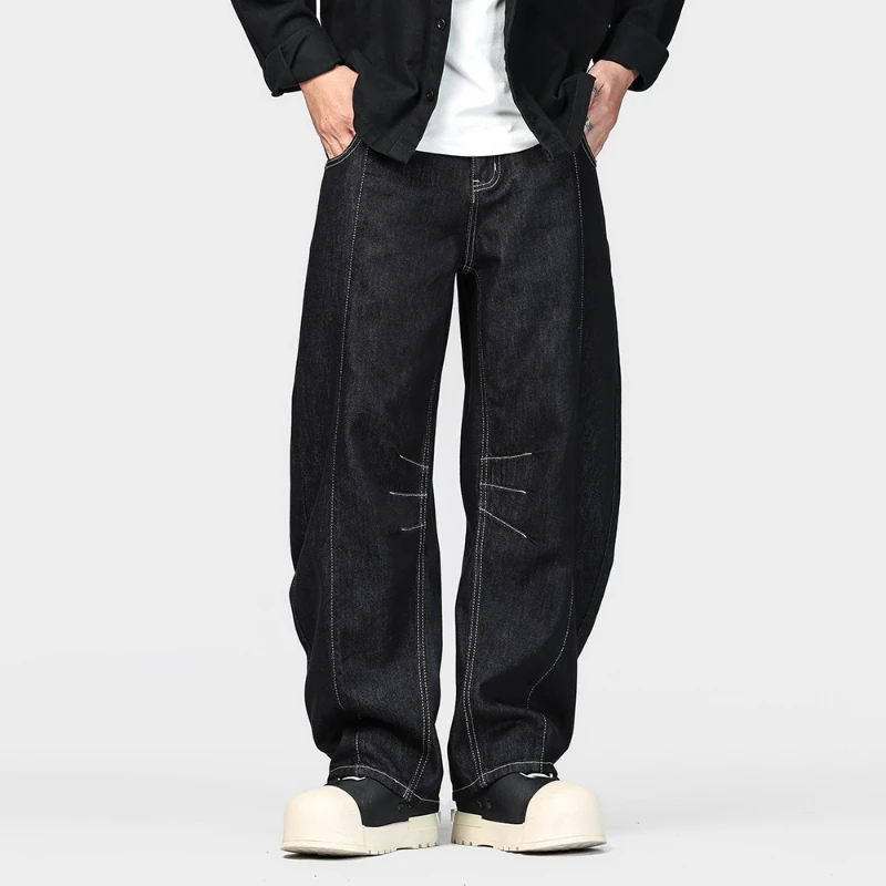 

Мужские черные мешковатые широкие джинсы в американском стиле ретро, корейская версия, джинсовые брюки с прозрачной нитью и деконструкцией, унисекс
