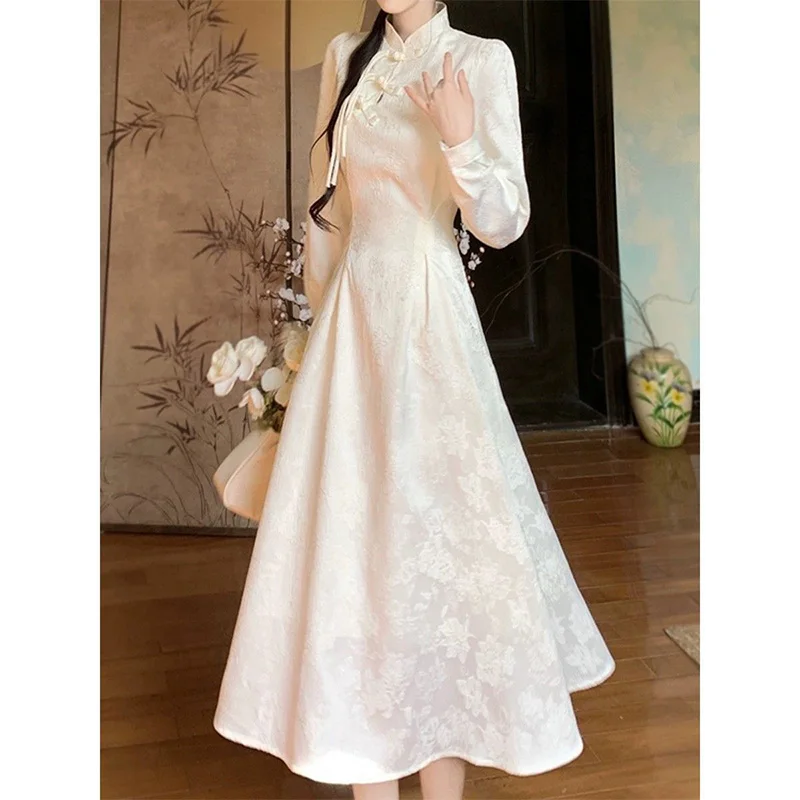 

Women's Clothing Temperament New Chinese Style Long Dresses Spring Slim Soft Solid Jacquard Elegant Dresses