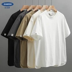 Dukeen Men Short Sleeved T Shirt Summer Loose 300Gsm Cotton Casual Sports Solid Color Round Neck White Tops