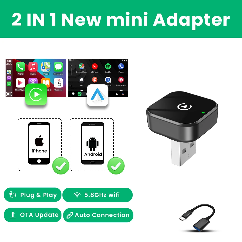 2‑in‑1 Wireless CarPlay & Android Auto Dongle