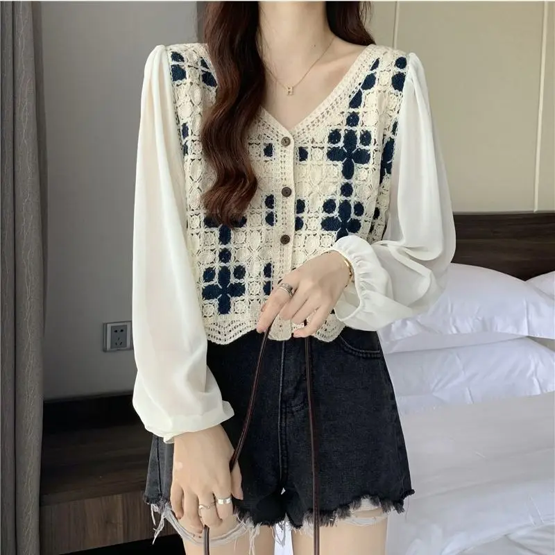 Women\'s Hollow Out Lace Shirts, Loose Tops, Casual Clothes, All-Match Temperament, Spring and Summer Fashion, New Style