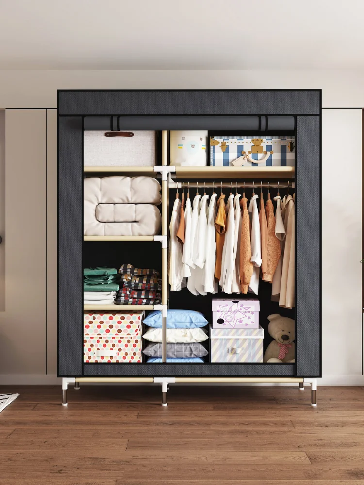 Armoire de chambre à coucher renforcée améliorée, assemblage facile avec 6 étagères et 1 cadre en acier à tige suspendue, placards portables