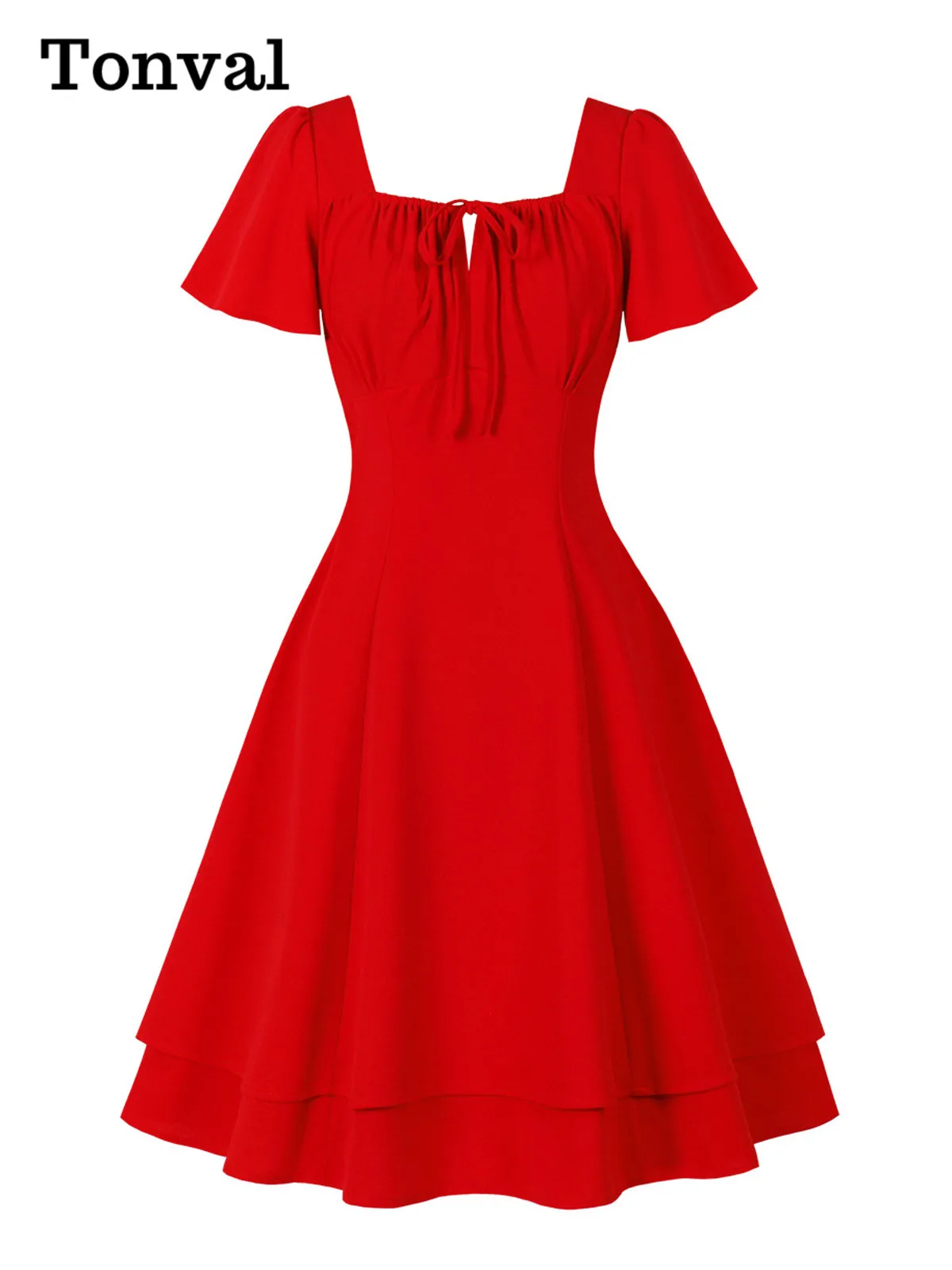 Tonval vermelho elegante cintura alta vintage roupas femininas pescoço quadrado gravata frente dupla camada bainha festa de aniversário vestidos de balanço