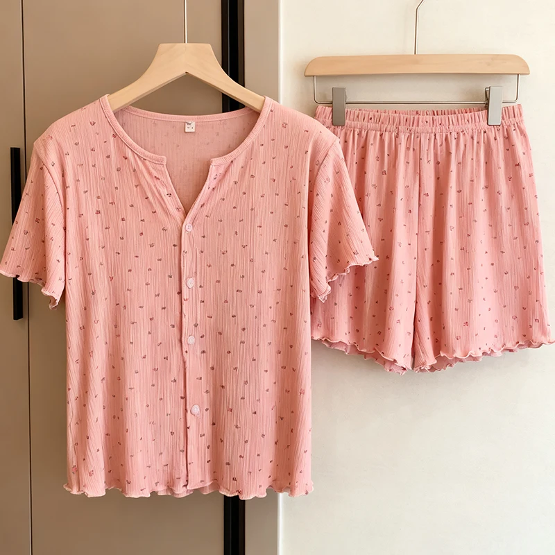 Japanese-Style Pajamas for Women Summer Knitted Cotton Short-Sleeved Cardigan Set Thin Students Sweet and Charming Sleepwear