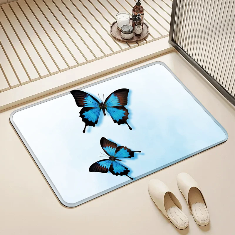 

Blue Butterfly Pattern Flannel Doormat Non-Slip Absorbent Soft Floor Mat for Entryway Bathroom Kitchen Home Decor