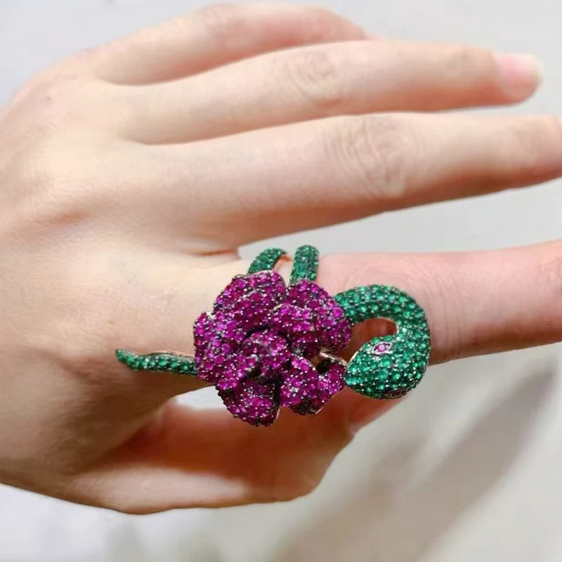 

Flower With Snake Ring For Women Fine Jewlery Luxury Wedding Party Female Gift 925Sterling Silver Cubic Zirconia Birthday
