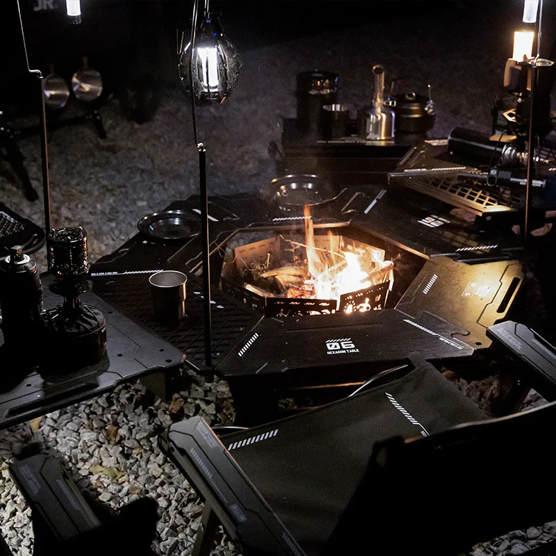 Outdoor stove  table, camping multi-functional sliding hexagonal round table
