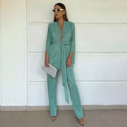 Pleated 2-piece Pants Set Office Women's Co Ords Set Casual Autumn Green Suit Lace Up Long Sleeved Shirt Blouse Trousers Outfits