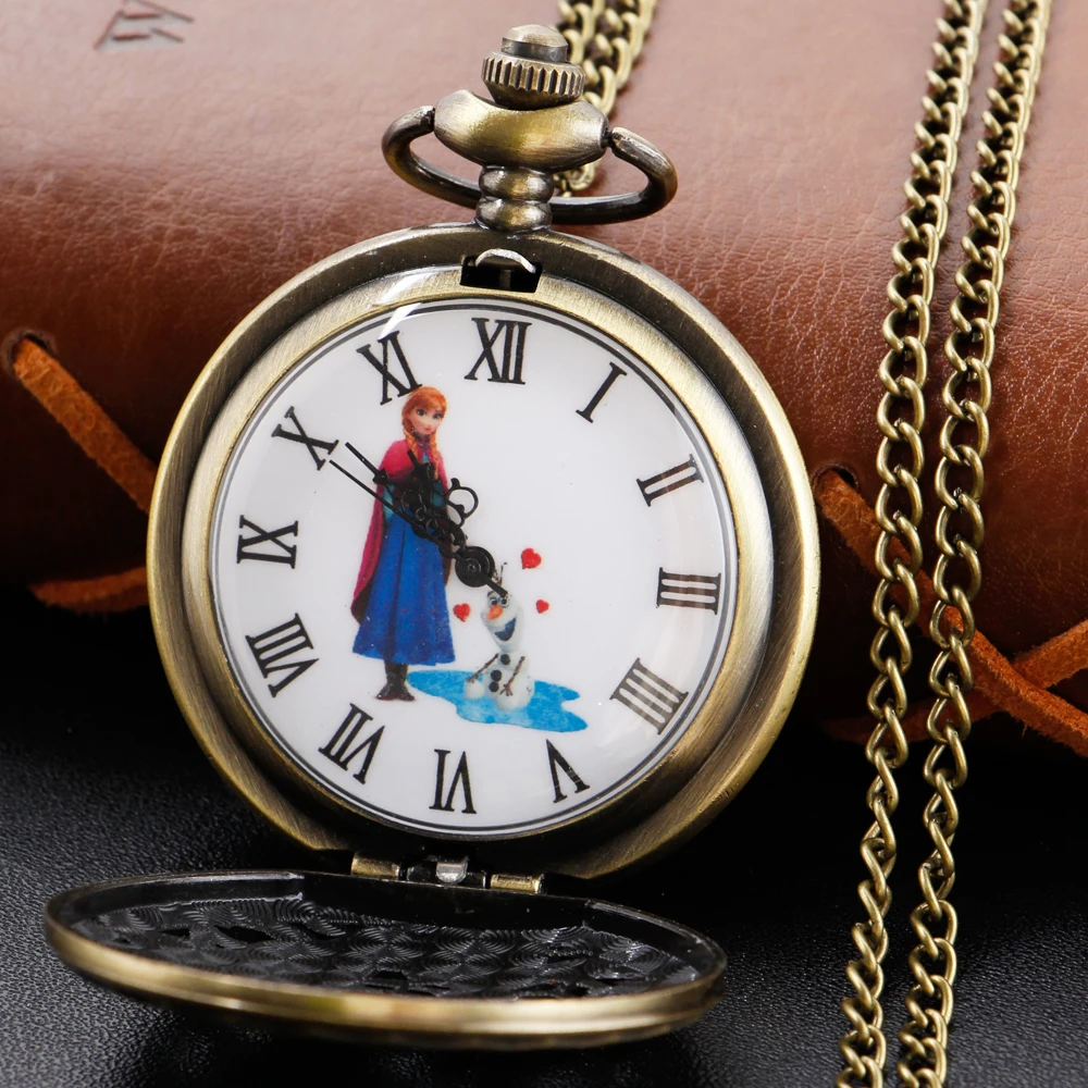 Montre de poche à quartz évidée avec pendentif collier, horloge bijoux, dessin animé mignon, conte de nickel é, princesse bonhomme de neige, rétro