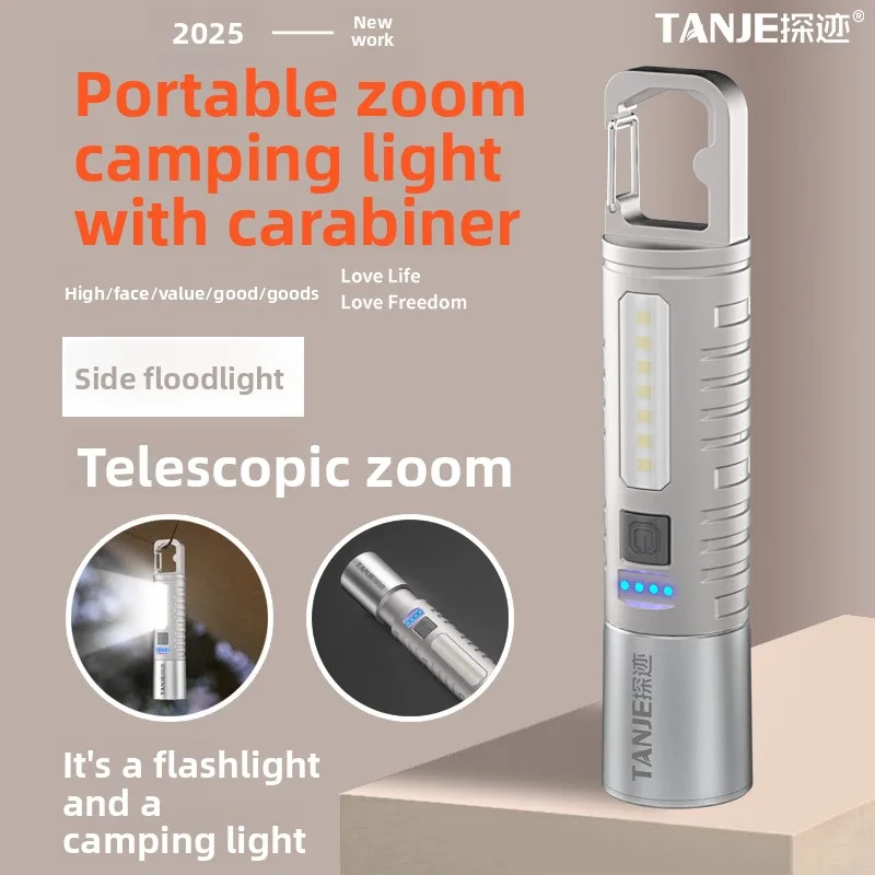 Double Light Source Side Light Strong Flashlight Telescopic Zoom With Hook Charging Super Bright Outdoor Long Range Home Use