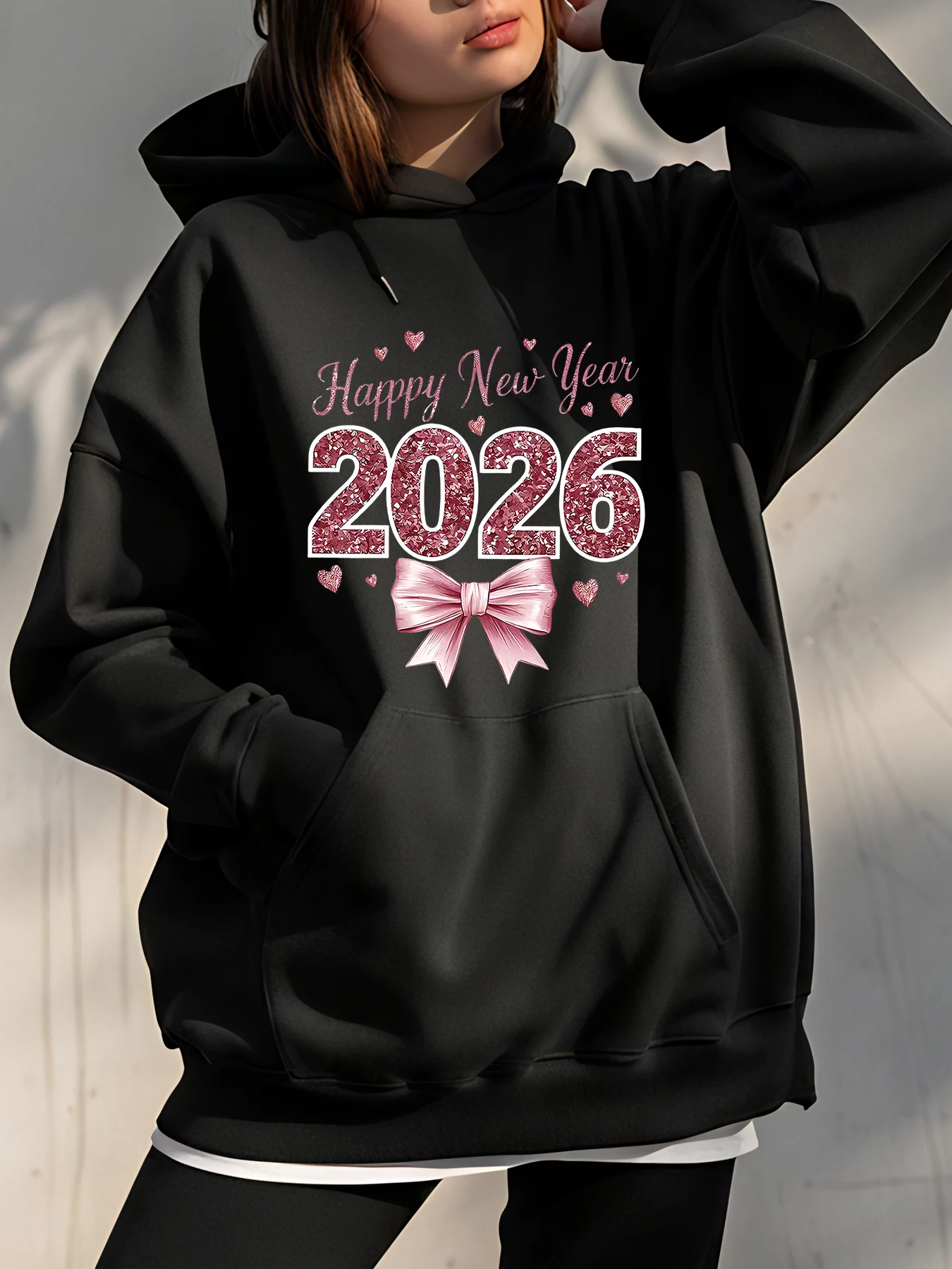 

С Новым годом 2026, блестящая толстовка с розовым бантом и принтом, женская повседневная модная толстовка для праздника, вечеринки