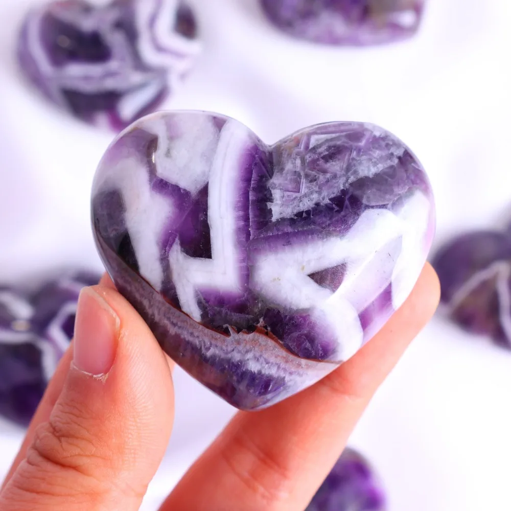 Natural Dream Amethyst Heart, Purple Crystal with White Stripes Stone Heart, Home or Office Decor, Healing Crystal Gifts