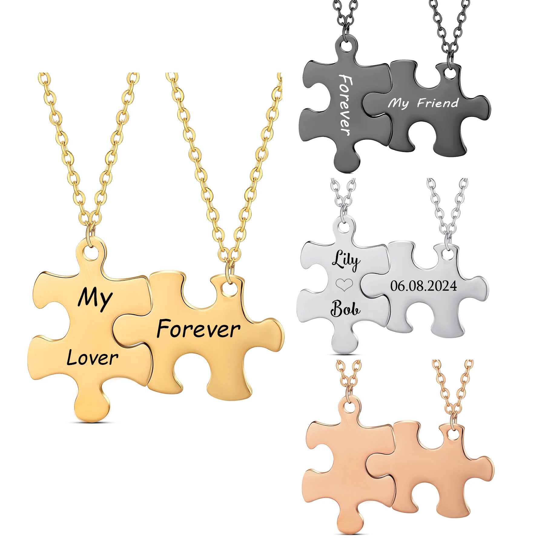 

1 Pair High Quality Stainless Steel Custom Puzzle Necklace for Couple Family BBF Engrave Names Logo Date Personalize Gift