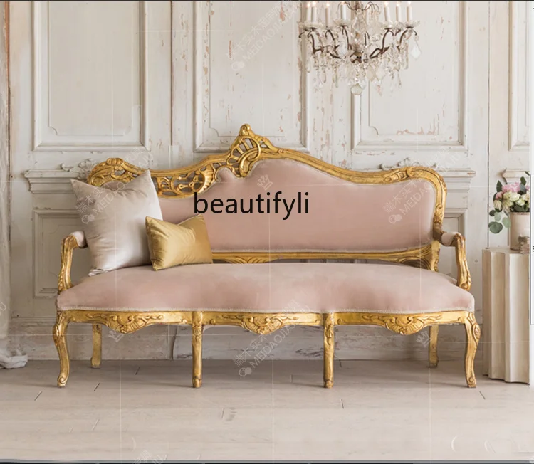

French Retro Distressed Solid Wood Sofa Fabric American Style Three-Seater Carved Antique Model Room Studio Furniture